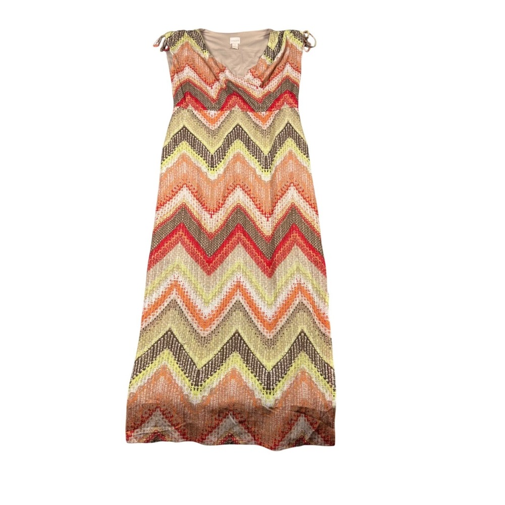 Chicos Sleeveless Chevron Southwestern Maxi Dress Orange Red Boho Size 1 Medium